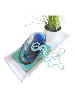 Vintage Blue Clear Art Glass Dish – Oval Collectible MCM Decorative Bowl